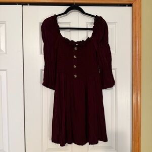 Pink Lily Wine Colored Smocked Long Sleeve Mini Dress